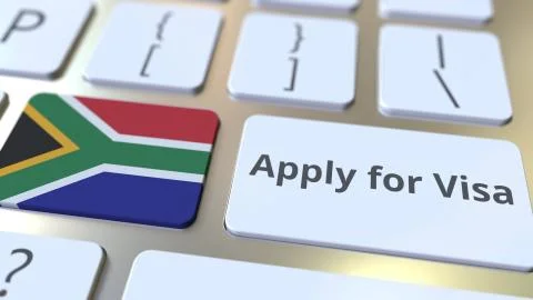 APPLY FOR VISA text and flag of South Africa on the buttons on the computer Stock Illustration
