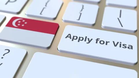 APPLY FOR VISA text and flag of Singapore on the buttons on the computer Stock Illustration