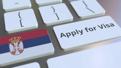 APPLY FOR VISA text and flag of Serbia on the buttons on the computer keyboard Stock Illustration