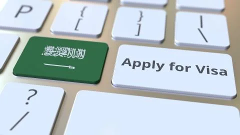APPLY FOR VISA text and flag of Saudi Arabia on the buttons on the computer Stock Illustration