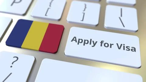 APPLY FOR VISA text and flag of Romania on the buttons on the computer keyboard Stock Illustration