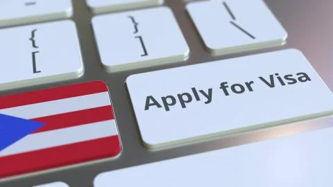 APPLY FOR VISA text and flag of Puerto Rico on the buttons on the computer Stock Illustration