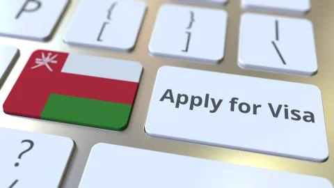 APPLY FOR VISA text and flag of Oman on the buttons on the computer keyboard Stock Illustration