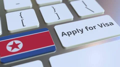 APPLY FOR VISA text and flag of North Korea on the buttons on the computer Stock Illustration