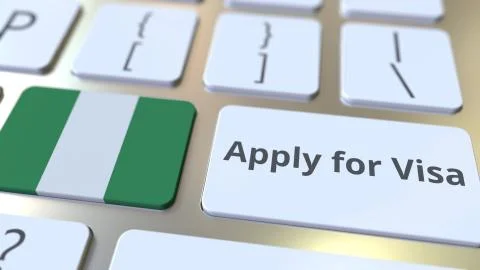 APPLY FOR VISA text and flag of Nigeria on the buttons on the computer keyboard Stock Illustration