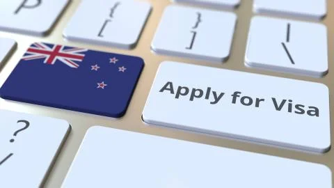 APPLY FOR VISA text and flag of New Zealand on the buttons on the computer Stock Illustration