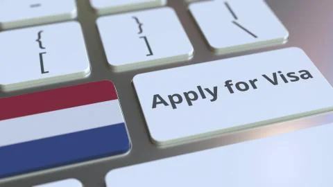 APPLY FOR VISA text and flag of the Netherlands on the buttons on the computer Stock Illustration