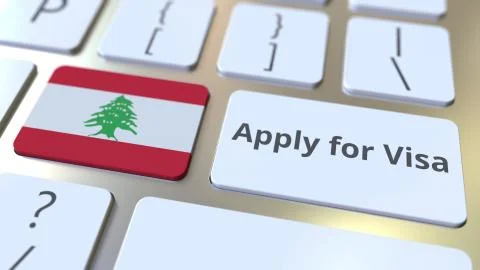 APPLY FOR VISA text and flag of Lebanon on the buttons on the computer keyboard Stock Illustration