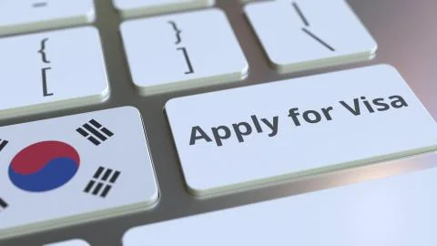 APPLY FOR VISA text and flag of South Korea on the buttons on the computer Stock Illustration