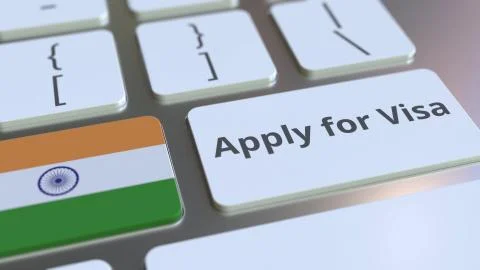 APPLY FOR VISA text and flag of India on the buttons on the computer keyboard Stock Illustration
