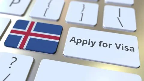 APPLY FOR VISA text and flag of Iceland on the buttons on the computer keyboard Stock Illustration