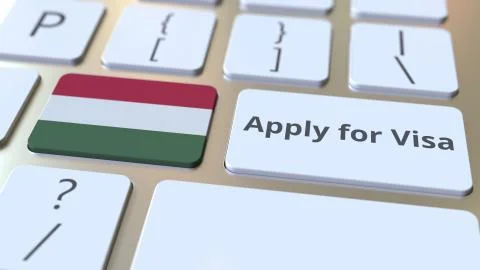 APPLY FOR VISA text and flag of Hungary on the buttons on the computer keyboard Stock Illustration
