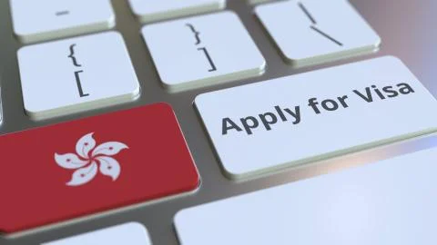 APPLY FOR VISA text and flag of Hong Kong on the buttons on the computer Stock Illustration