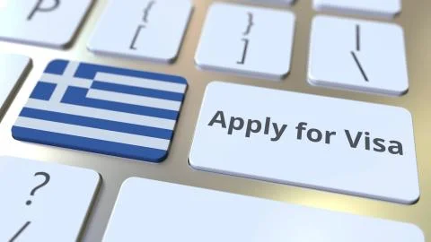 APPLY FOR VISA text and flag of Greece on the buttons on the computer keyboard Stock Illustration