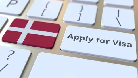 APPLY FOR VISA text and flag of Denmark on the buttons on the computer keyboard Stock Illustration