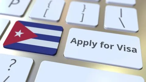 APPLY FOR VISA text and flag of Cuba on the buttons on the computer keyboard Stock Illustration