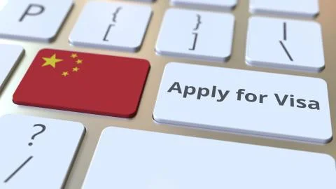 APPLY FOR VISA text and flag of China on the buttons on the computer keyboard Stock Illustration