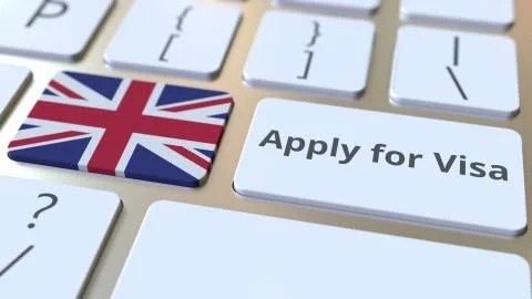 APPLY FOR VISA text and flag of Great Britain on the buttons on the computer Stock Illustration