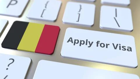 APPLY FOR VISA text and flag of Belgium on the buttons on the computer keyboard Stock Illustration