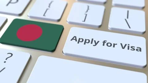APPLY FOR VISA text and flag of Bangladesh on the buttons on the computer Stock Illustration