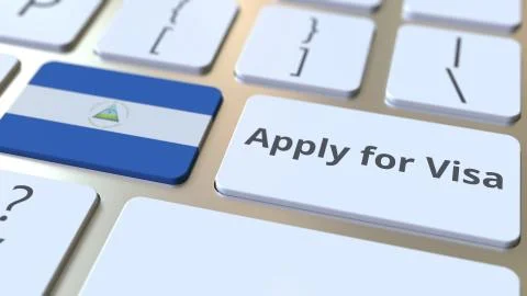 APPLY FOR VISA text and flag of Nicaragua on the buttons on the computer Stock Illustration