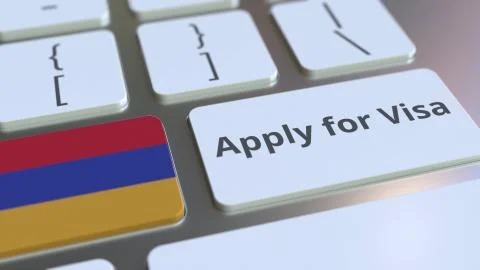 APPLY FOR VISA text and flag of Armenia on the buttons on the computer keyboard Stock Illustration