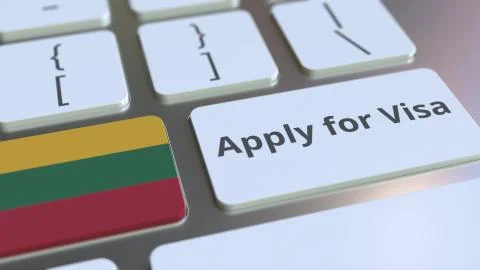 APPLY FOR VISA text and flag of Lithuania on the buttons on the computer Stock Illustration