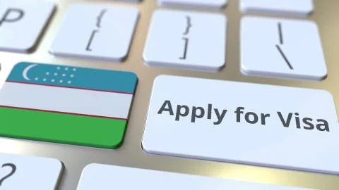 APPLY FOR VISA text and flag of Uzbekistan on the buttons on the computer Stock Illustration
