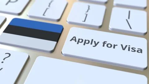 APPLY FOR VISA text and flag of Estonia on the buttons on the computer keyboard Stock Illustration