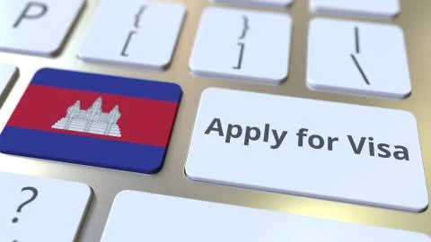APPLY FOR VISA text and flag of Cambodia on the buttons on the computer keyboard Stock Illustration