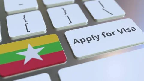 APPLY FOR VISA text and flag of Myanmar on the buttons on the computer keyboard Stock Illustration