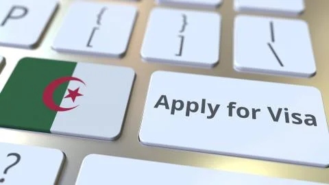 APPLY FOR VISA text and flag of Algeria on the buttons on the computer keyboard Stock Illustration