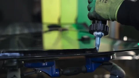 Applying, Adhesive, Windshield, Windshield, Replacement .Slow Motion. Stock Footage 232040730