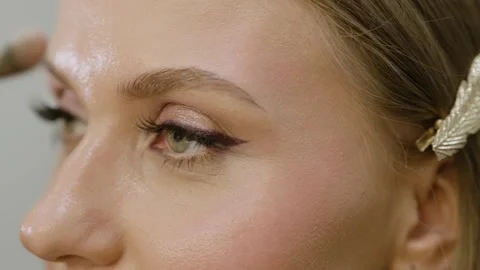 Applying blush and highlighter. Close-up of the model face and a brush applying Stock Footage 317084551