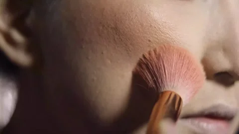 Applying blush with professional makeup brush on cheek area Stock Footage 313165535