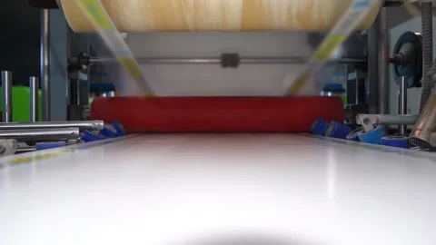 Applying branded tape onto plastic windowsill profile in workshop Video stock 304390885