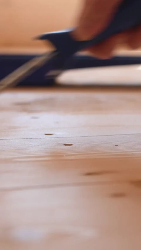 Applying clear water-based varnish with a roller to wooden floorboards, showing Stock Footage 310123359