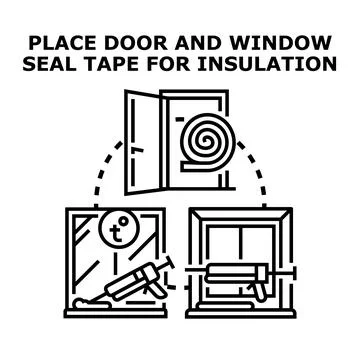 Applying door and window seal tape for insulation Ilustración de archivo