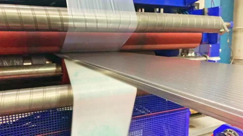 Applying foil onto polycarbonate sheet by machine tool Stock Footage 234321084