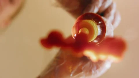 Applying ketchup from a squeeze bottle to a hot dog, 4K Video stock 341121995