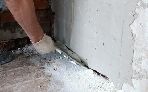 Applying a layer of plaster with a wide trowel Stock Photos