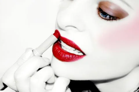 Applying lipstick Stock Photos