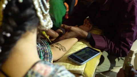 Applying Mehndi Design on Bride's Arm Stock Footage 341655775