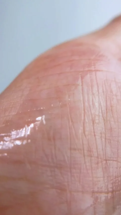 Applying moisturizing liquid evenly onto hand skin. Close up view with shiny Stock Footage 334874687