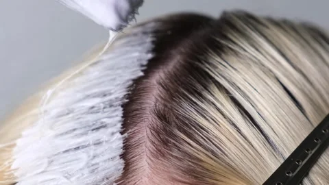 Applying paint to lighten or bleach with a brush on the regrown roots of blond Stock Footage 311512921