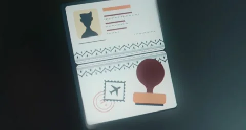 Applying the stamp in the open passport Stock Footage 313494003