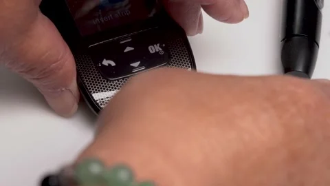 Applying test strip on glucometer to check for blood sugar level Video stock 238768962