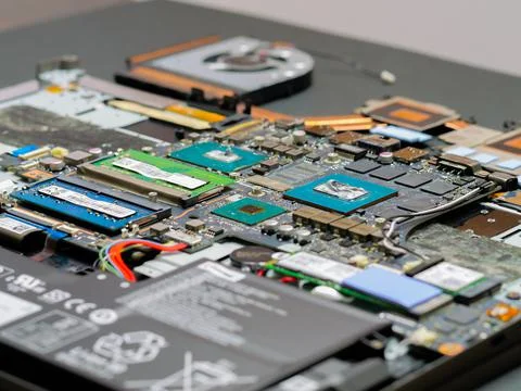 Applying thermal paste to the GPU and CPU of a laptop computer. Foto stock