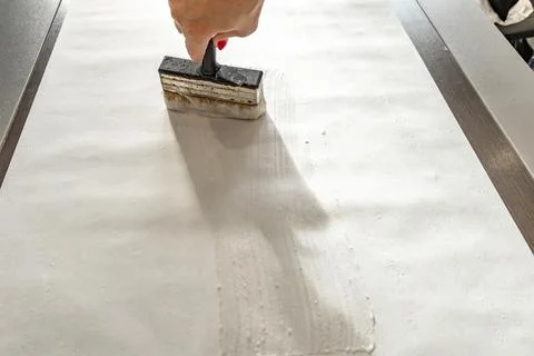 Applying thick glue to wallpaper, brushing wallpaper before sticking it to .. Stock Photos