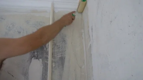 Applying Wallpaper paste to the wall with a roller,preparation for wallpapering Видео 79594617